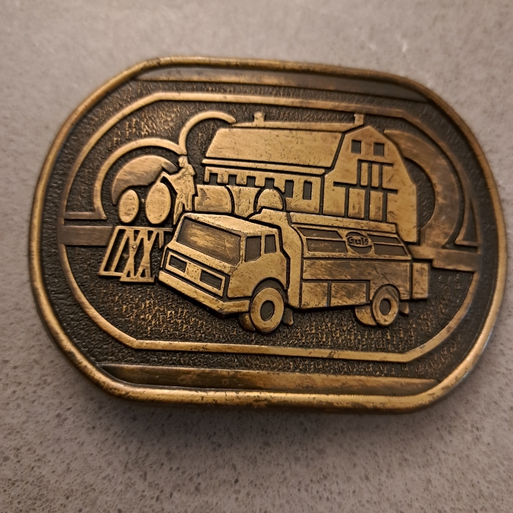 Belt Buckle vintage brass oil truck